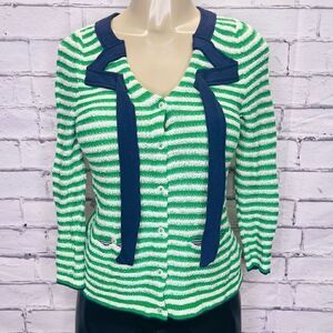 Anthropologie HWR Womens Multi Color Striped Puff Sleeve Navy Tie Cardigan Small